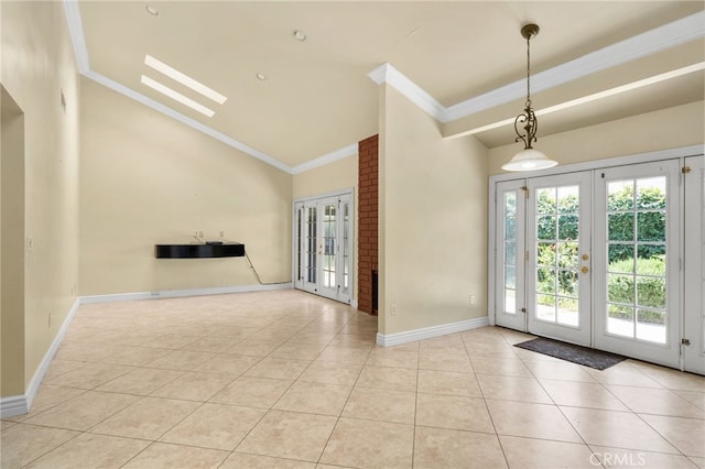 1725 Aspen Village Way, West Covina, CA 91791 - unfurnished living room with french doors, ornamental molding, tile patterned flooring, high vaulted ceiling, and baseboards