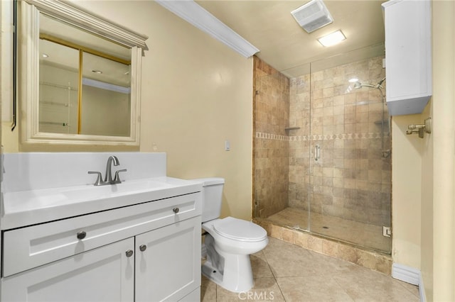 1725 Aspen Village Way, West Covina, CA 91791 - full bath featuring toilet, vanity, a stall shower, tile patterned floors, and ornamental molding