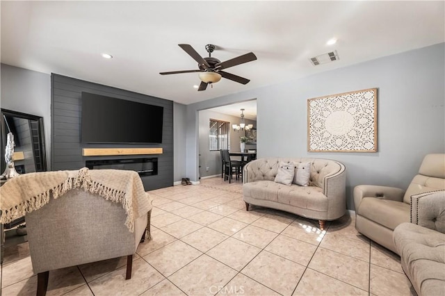 13250 Mercer St, Pacoima, CA 91331 - living room featuring ceiling fan, a chandelier, baseboards, light tile patterned floors, and recessed lighting