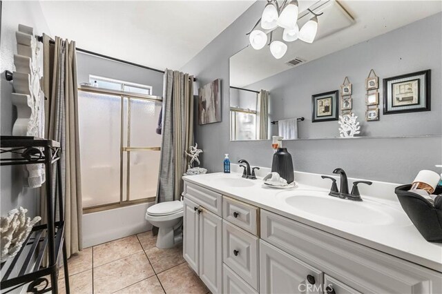 13250 Mercer St, Pacoima, CA 91331 - full bath featuring double vanity, shower / tub combo with curtain, toilet, a chandelier, and tile patterned flooring