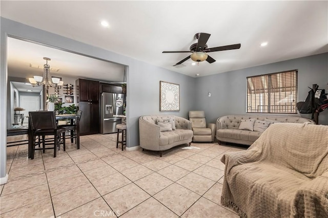 13250 Mercer St, Pacoima, CA 91331 - living area featuring a chandelier, ceiling fan, light tile patterned floors, recessed lighting, and baseboards