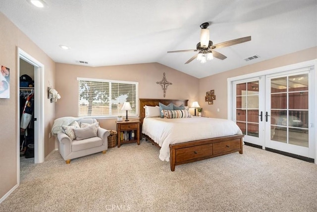 5498 Forked Horn Pl, Paso Robles, CA 93446 - bedroom with french doors, access to exterior, light carpet, lofted ceiling, and a walk in closet
