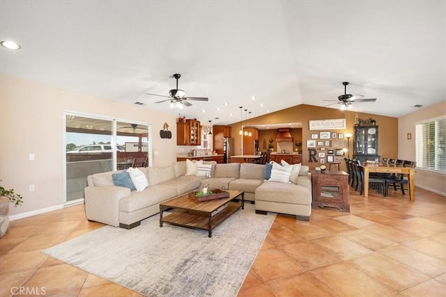 5498 Forked Horn Pl, Paso Robles, CA 93446 - living area with ceiling fan, lofted ceiling, baseboards, light tile patterned floors, and recessed lighting