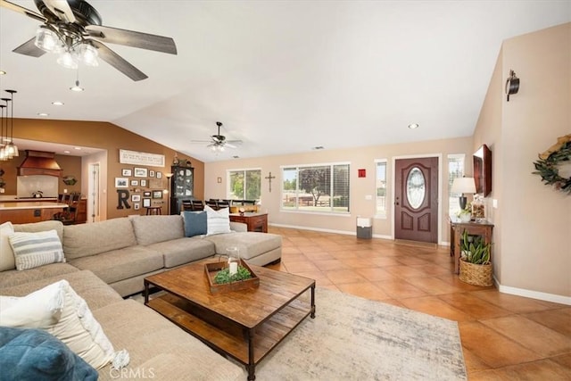 5498 Forked Horn Pl, Paso Robles, CA 93446 - living area featuring ceiling fan, vaulted ceiling, light tile patterned floors, baseboards, and recessed lighting
