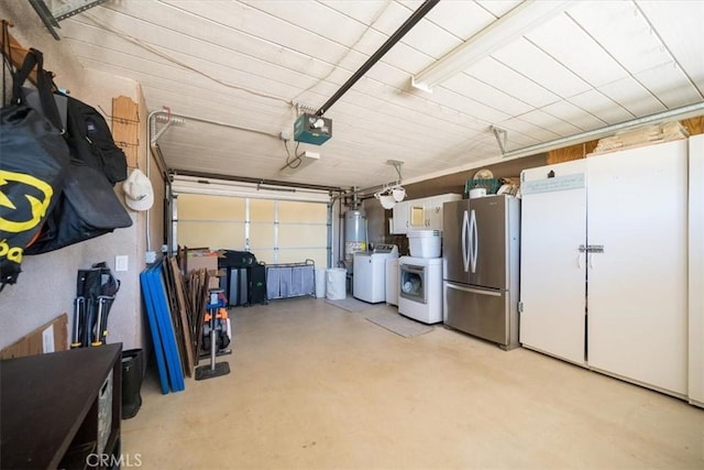 5498 Forked Horn Pl, Paso Robles, CA 93446 - garage with freestanding refrigerator, a garage door opener, washer and dryer, and gas water heater