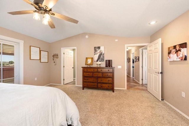 5498 Forked Horn Pl, Paso Robles, CA 93446 - bedroom featuring light carpet, access to exterior, baseboards, lofted ceiling, and a ceiling fan
