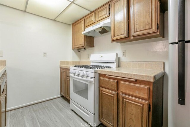 465 Ivy St Unit 203, Glendale, CA 91204 - kitchen featuring white range with gas stovetop, under cabinet range hood, light wood finished floors, freestanding refrigerator, and baseboards