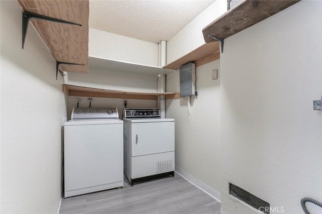 465 Ivy St Unit 203, Glendale, CA 91204 - laundry area with washing machine and clothes dryer, light wood-type flooring, electric panel, baseboards, and a textured ceiling
