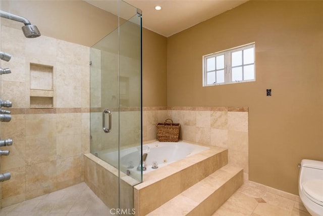 1515 Indiana Ave, South Pasadena, CA 91030 - bathroom with toilet, tiled shower, a whirlpool tub, and tile patterned flooring