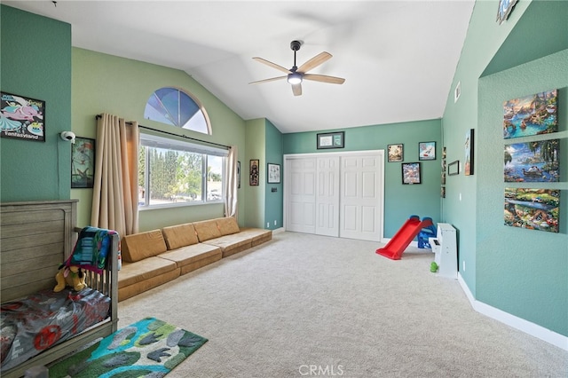 2251 Via Pacifica, Corona, CA 92882 - rec room featuring ceiling fan, lofted ceiling, carpet flooring, and baseboards