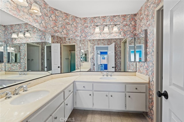 2251 Via Pacifica, Corona, CA 92882 - bathroom with tile patterned floors, double vanity, and wallpapered walls