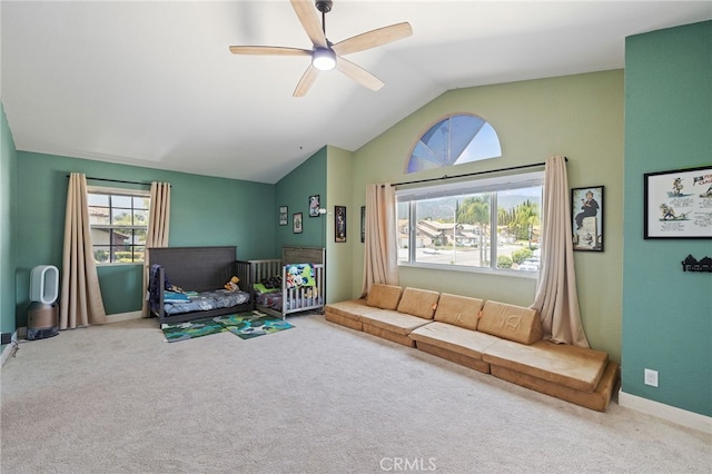 2251 Via Pacifica, Corona, CA 92882 - living room with ceiling fan, lofted ceiling, carpet, and baseboards