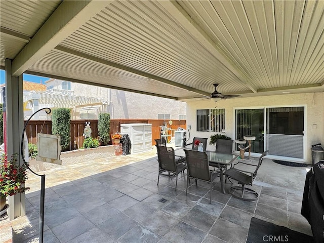 30027 Via Amante, Menifee, CA 92584 - fenced backyard with outdoor dining area, a patio area, and ceiling fan