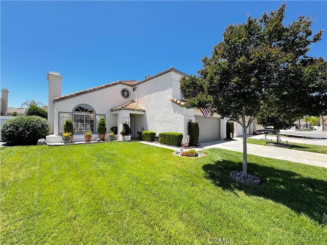 30027 Via Amante, Menifee, CA 92584 - mediterranean / spanish house featuring a chimney, driveway, a front lawn, and a tile roof