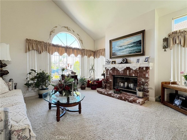 30027 Via Amante, Menifee, CA 92584 - carpeted living area with a brick fireplace, healthy amount of natural light, baseboards, and high vaulted ceiling