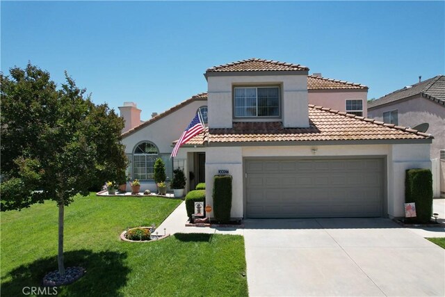 30027 Via Amante, Menifee, CA 92584 - mediterranean / spanish house with driveway, stucco siding, a front lawn, and a tile roof