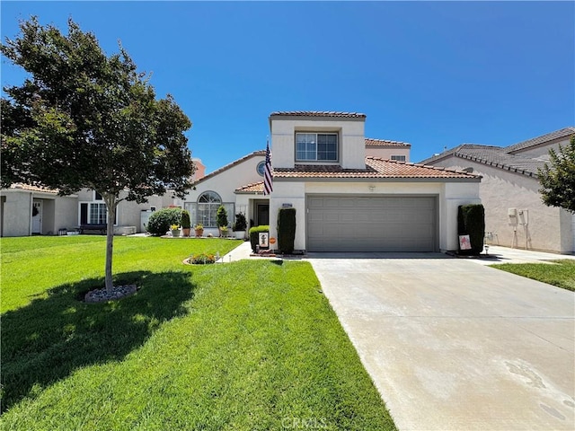 30027 Via Amante, Menifee, CA 92584 - mediterranean / spanish-style home featuring stucco siding, driveway, a front yard, and a garage