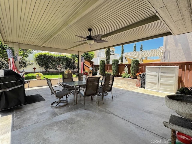 30027 Via Amante, Menifee, CA 92584 - fenced backyard featuring outdoor dining space, a patio area, and ceiling fan