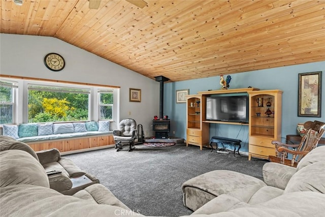 18520 Old Coast Hwy, Fort Bragg, CA 95437 - carpeted living room featuring lofted ceiling, a wood stove, and wooden ceiling