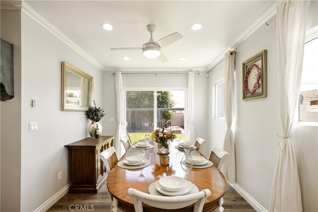 15952 Norcrest Dr, Whittier, CA 90604 - dining room with a ceiling fan, crown molding, recessed lighting, wood finished floors, and baseboards