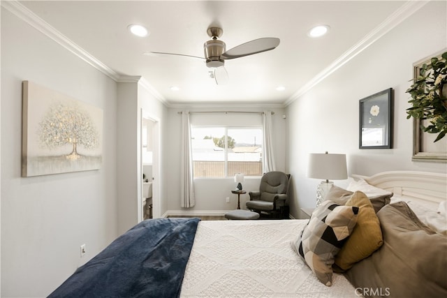 15952 Norcrest Dr, Whittier, CA 90604 - bedroom with recessed lighting, ornamental molding, and ceiling fan