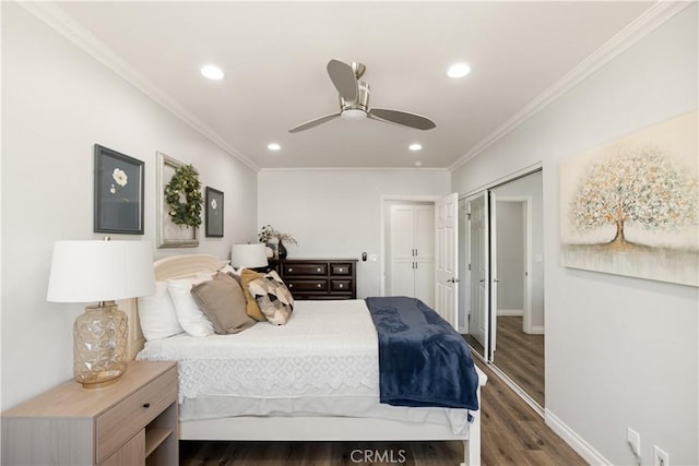 15952 Norcrest Dr, Whittier, CA 90604 - bedroom featuring dark wood-style floors, recessed lighting, ornamental molding, baseboards, and a ceiling fan