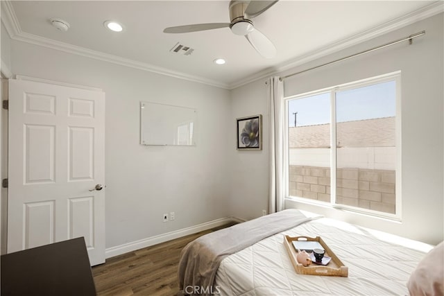 15952 Norcrest Dr, Whittier, CA 90604 - bedroom featuring wood finished floors, crown molding, recessed lighting, baseboards, and ceiling fan
