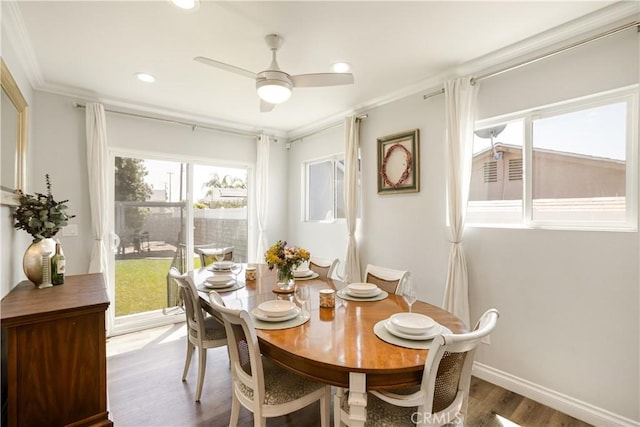 15952 Norcrest Dr, Whittier, CA 90604 - dining space featuring wood finished floors, ornamental molding, a ceiling fan, recessed lighting, and baseboards
