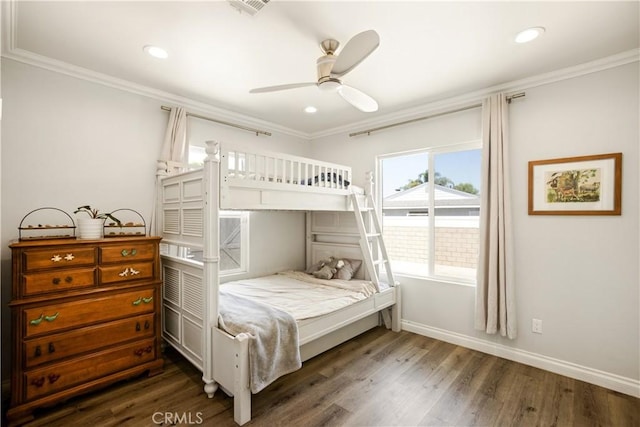 15952 Norcrest Dr, Whittier, CA 90604 - bedroom featuring ornamental molding, wood finished floors, baseboards, recessed lighting, and ceiling fan