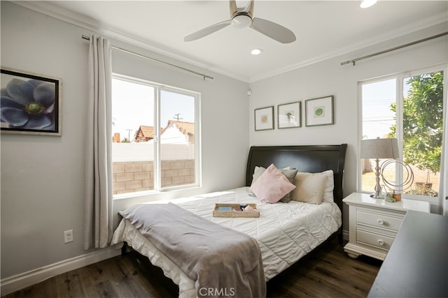 15952 Norcrest Dr, Whittier, CA 90604 - bedroom featuring ornamental molding, recessed lighting, dark wood finished floors, baseboards, and ceiling fan