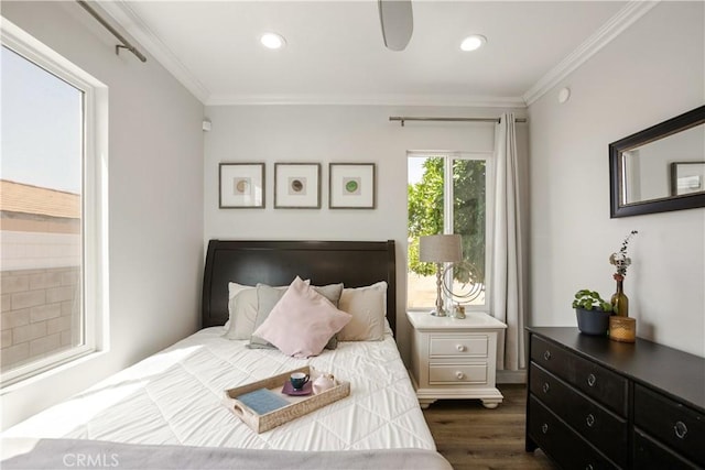 15952 Norcrest Dr, Whittier, CA 90604 - bedroom with dark wood-type flooring, crown molding, and recessed lighting