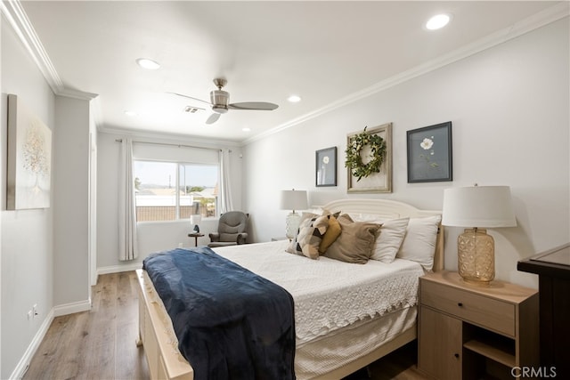 15952 Norcrest Dr, Whittier, CA 90604 - bedroom with ornamental molding, light wood finished floors, recessed lighting, baseboards, and ceiling fan
