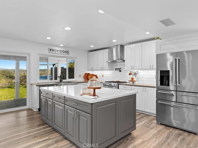 1914 Radford St, Oceanside, CA 92056 - kitchen featuring high quality appliances, wall chimney exhaust hood, gray cabinets, a sink, and white cabinetry