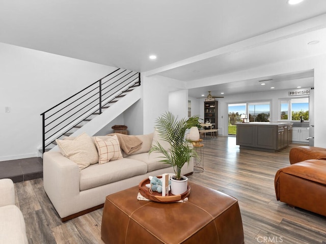 1914 Radford St, Oceanside, CA 92056 - living room featuring stairs, wood finished floors, recessed lighting, and a ceiling fan