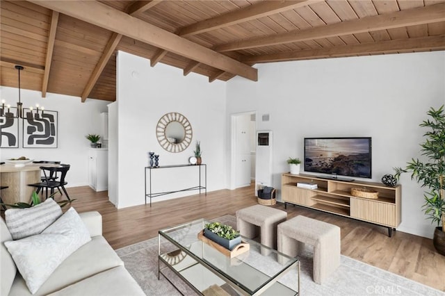 135 High Dr, Laguna Beach, CA 92651 - living area with wood ceiling with exposed beams, a chandelier, wood finished floors, and high vaulted ceiling