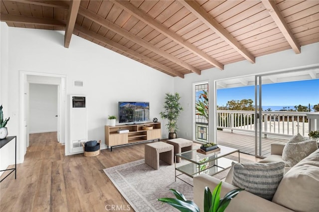 135 High Dr, Laguna Beach, CA 92651 - living area with wooden ceiling with exposed beams, high vaulted ceiling, wood finished floors, and baseboards