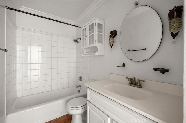 1187 E 3rd St Unit 104, Long Beach, CA 90802 - bathroom featuring vanity, toilet, shower / bath combination, ornamental molding, and tile patterned flooring