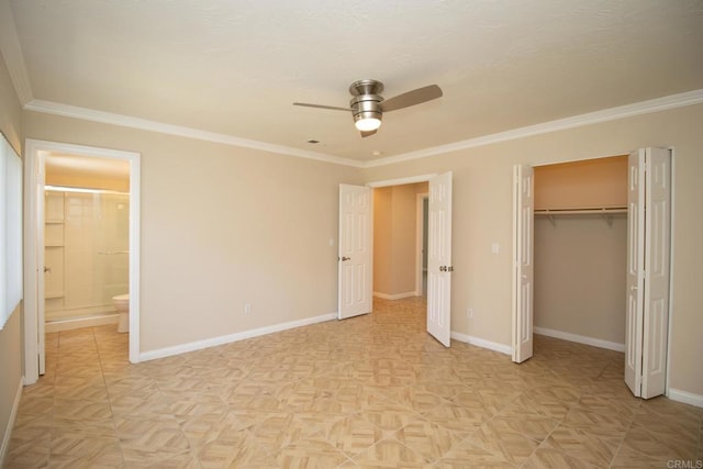 5402 Old Ranch Rd, Oceanside, CA 92057 - unfurnished bedroom with crown molding, baseboards, connected bathroom, a closet, and ceiling fan