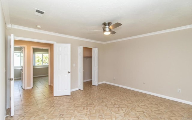 5402 Old Ranch Rd, Oceanside, CA 92057 - unfurnished bedroom featuring baseboards, crown molding, a closet, and a ceiling fan