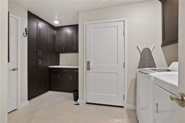 223 Carlow, Irvine, CA 92618 - laundry room with cabinet space, separate washer and dryer, baseboards, light tile patterned flooring, and recessed lighting