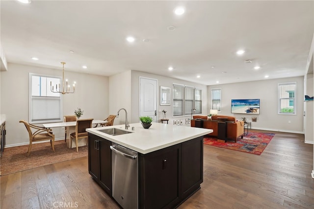223 Carlow, Irvine, CA 92618 - kitchen with dishwasher, a sink, open floor plan, dark wood-style floors, and light countertops