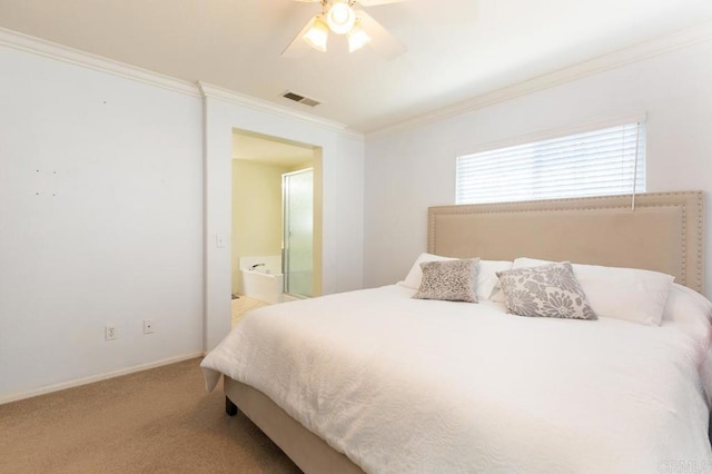 1306 Mill Valley Rd, Chula Vista, CA 91913 - bedroom featuring crown molding, light carpet, ensuite bathroom, baseboards, and a ceiling fan