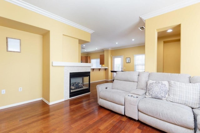 1306 Mill Valley Rd, Chula Vista, CA 91913 - living room with wood finished floors, ornamental molding, baseboards, recessed lighting, and a fireplace