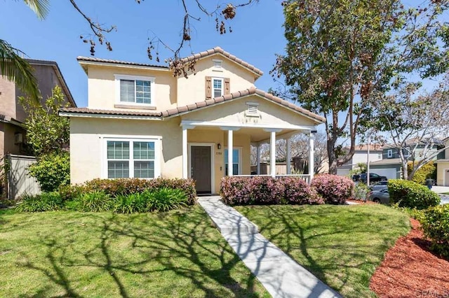 1306 Mill Valley Rd, Chula Vista, CA 91913 - mediterranean / spanish home with stucco siding, a front yard, covered porch, and a tiled roof