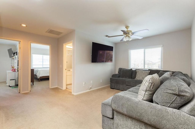 1306 Mill Valley Rd, Chula Vista, CA 91913 - living room with light colored carpet, ceiling fan, baseboards, and recessed lighting