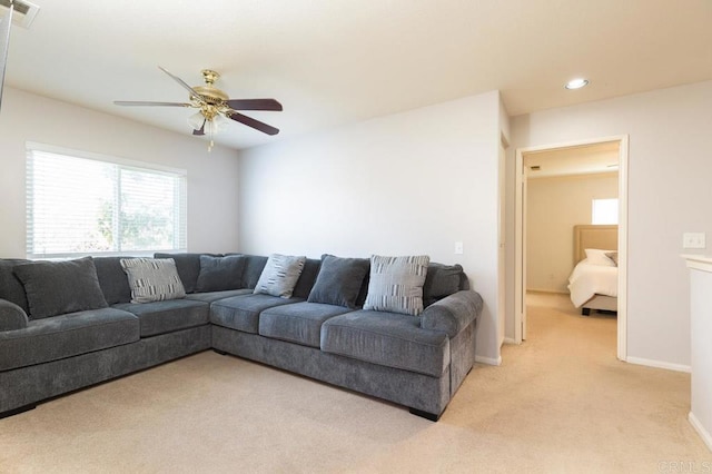 1306 Mill Valley Rd, Chula Vista, CA 91913 - living room featuring a ceiling fan, light colored carpet, recessed lighting, and baseboards