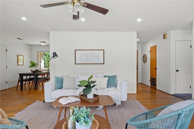 1000 W 11th Ave, Chico, CA 95926 - living area with wood finished floors, a ceiling fan, and recessed lighting