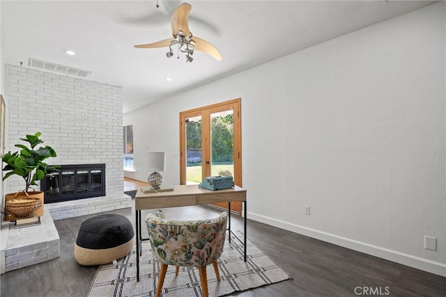 1000 W 11th Ave, Chico, CA 95926 - office with dark wood-style flooring, baseboards, a brick fireplace, a ceiling fan, and french doors