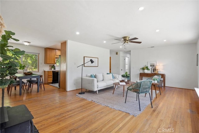 1000 W 11th Ave, Chico, CA 95926 - living room with light wood finished floors, a ceiling fan, and recessed lighting