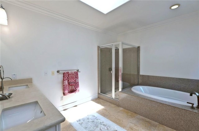 2767 Saleroso Dr, Rowland Heights, CA 91748 - full bath featuring a stall shower, a bath, crown molding, double vanity, and tile patterned floors
